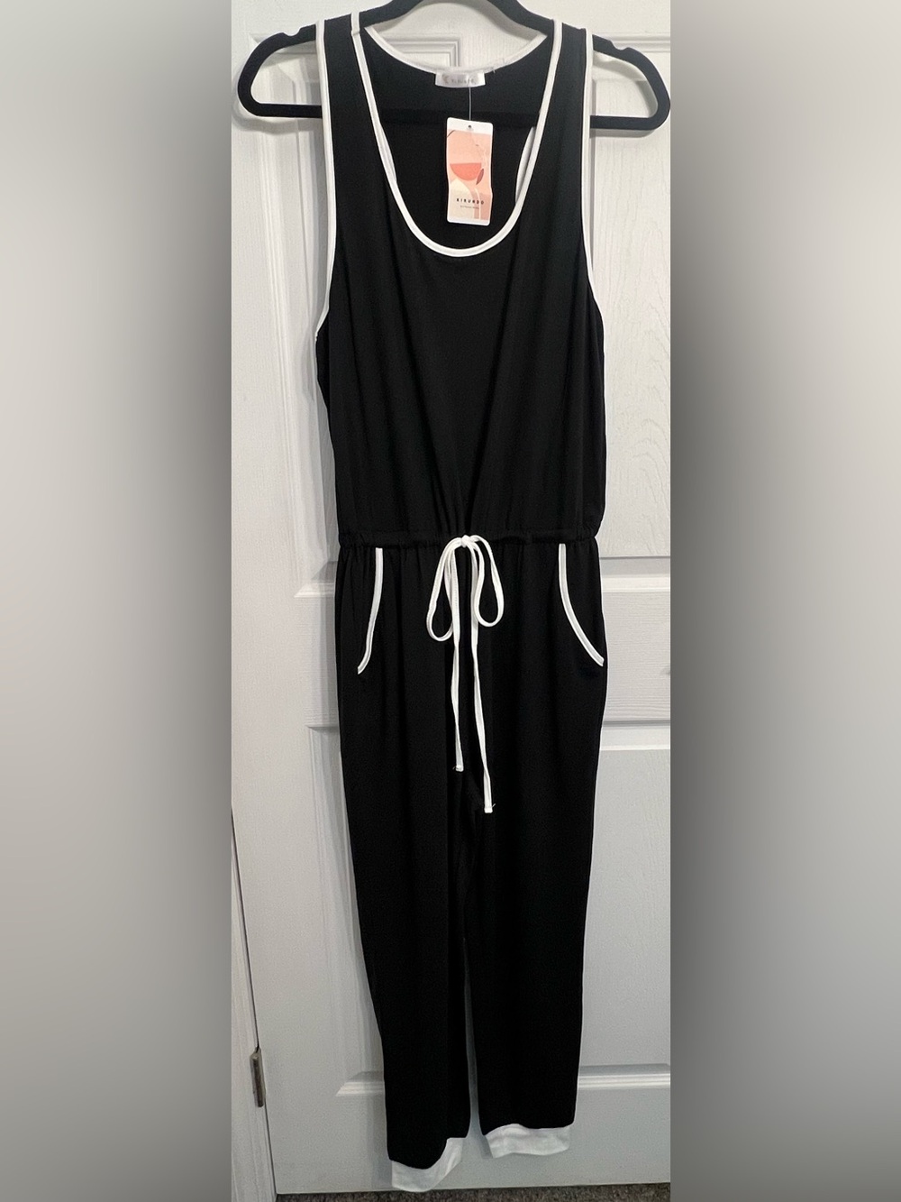 Women's Black Sleeveless Jumpsuit/Romper with White Drawstring
